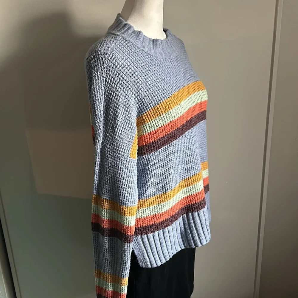 SO Women’s Oversized Fuzzy Waffle Knit Mock Neck Cozy Striped Sweater - Picture 2 of 8
